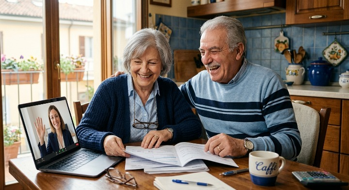 Coppia di pensionati sorride mentre esamina documenti del prestito con consulente in videochiamata – Cessione del Quinto Pensionati