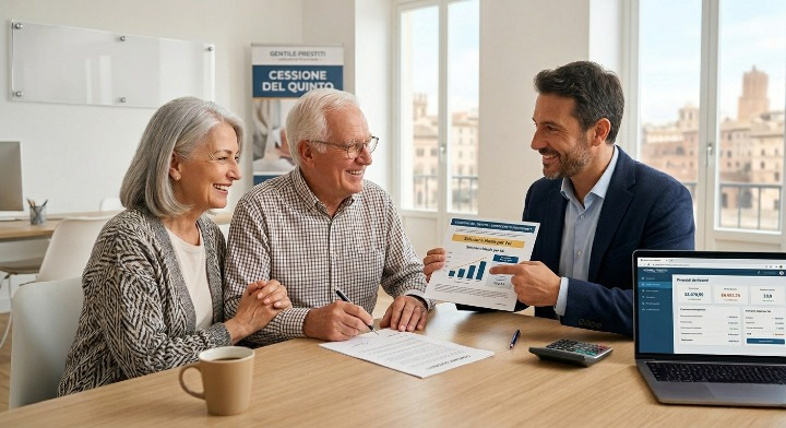 Consulente finanziario illustra i vantaggi della cessione del quinto a una coppia di pensionati in ufficio.