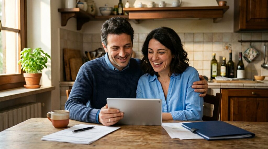 Coppia sorridente in cucina che richiede un prestito personale online su tablet