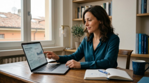 Donna consulta conteggio estintivo cessione del quinto su laptop in ufficio