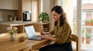 Calcolo piano di ammortamento prestito: donna effettua la simulazione online da casa