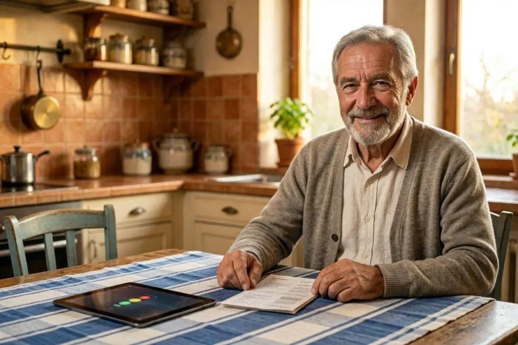 Pensionato sereno mentre consulta il cedolino e le Pensioni INPS per la verifica dei codici di cedibilità.